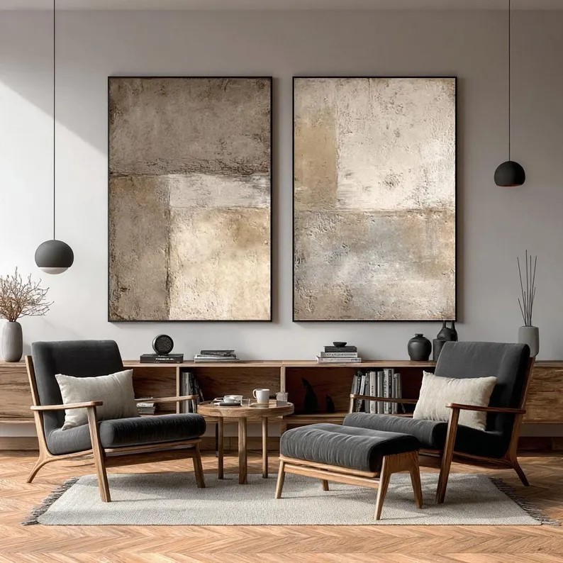 Beige-Grey Abstract Painting ( 2 Paintings ) #ABST222