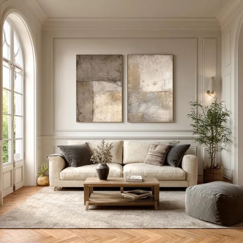 Beige-Grey Abstract Painting ( 2 Paintings ) #ABST222