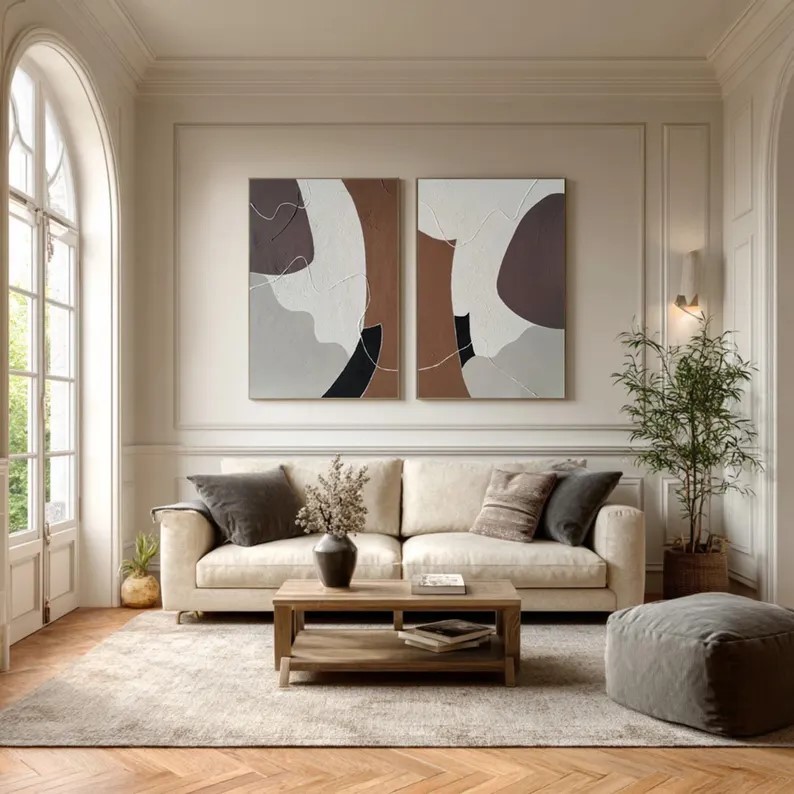 Beige Brown Abstract Painting ( 2 Paintings ) #ABST223