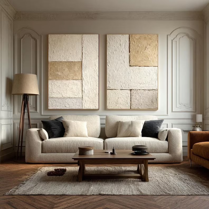 Beige Geometric Abstract Art ( 2 Paintings ) #ABST231