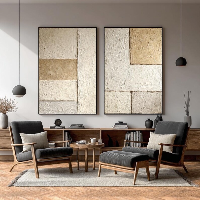 Beige Geometric Abstract Art ( 2 Paintings ) #ABST231