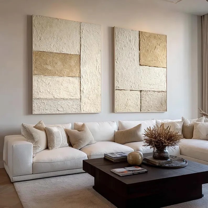 Beige Geometric Abstract Art ( 2 Paintings ) #ABST231