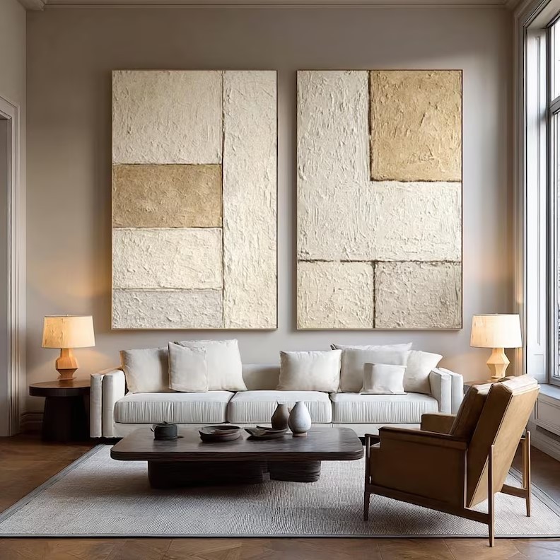 Beige Geometric Abstract Art ( 2 Paintings ) #ABST231