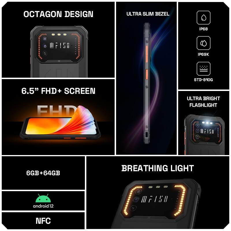 IIIF150 Air1 6.5"FHD+ Display Rugged Phone IP68/IP69K 6+64GB Waterproof Octa Core Smartphone with NFC Android 12 Celulares
