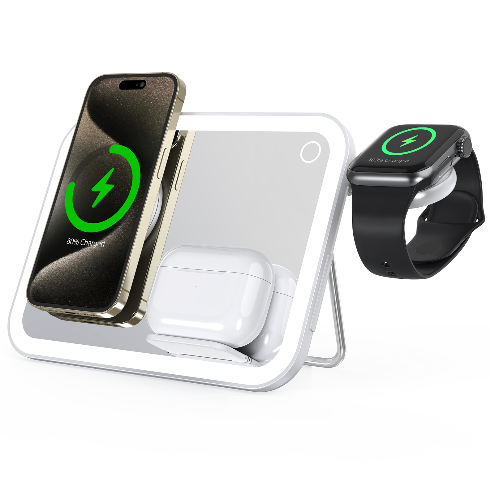 LED Makeup Mirror with Qi2 15W Triple Wireless Charger for AirPods, Phone & Watch - B2B Exclusive