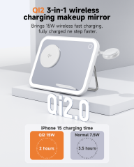 LED Makeup Mirror with Qi2 15W Triple Wireless Charger for AirPods, Phone & Watch - B2B Exclusive