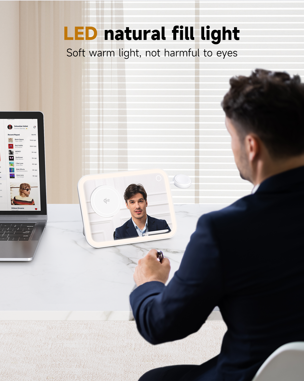 LED Makeup Mirror with Qi2 15W Triple Wireless Charger for AirPods, Phone & Watch - B2B Exclusive