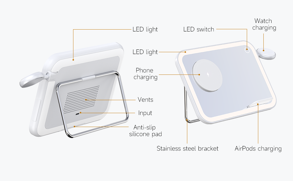 LED Makeup Mirror with Qi2 15W Triple Wireless Charger for AirPods, Phone & Watch - B2B Exclusive