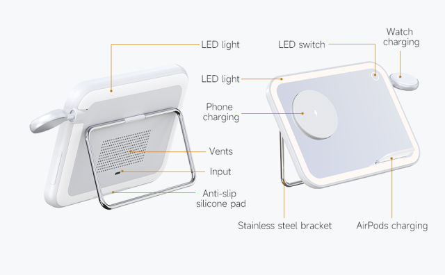 LED Makeup Mirror with Qi2 15W Triple Wireless Charger for AirPods, Phone & Watch - B2B Exclusive