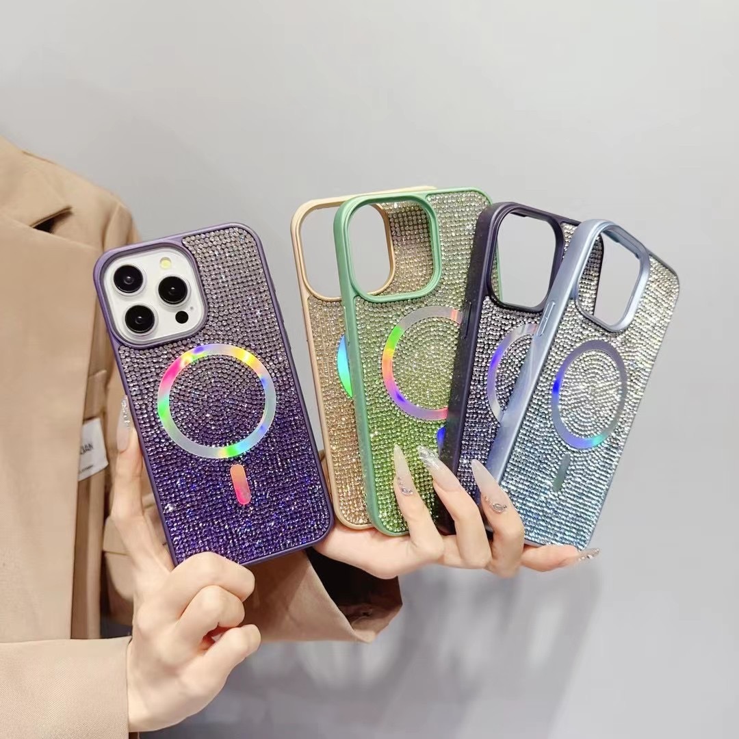 "Gradient Full-Diamond Phone Case with Magnetic Suction, Electroplated Gradient Colorful"