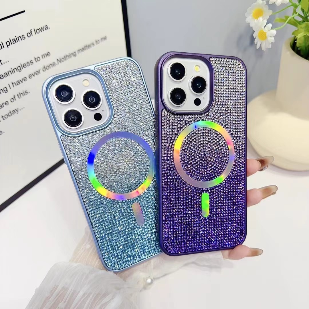 "Gradient Full-Diamond Phone Case with Magnetic Suction, Electroplated Gradient Colorful"