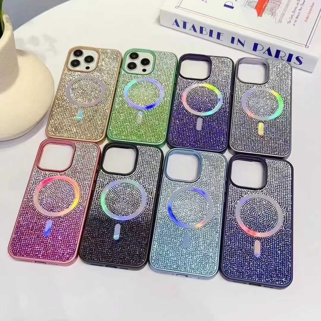 "Gradient Full-Diamond Phone Case with Magnetic Suction, Electroplated Gradient Colorful"