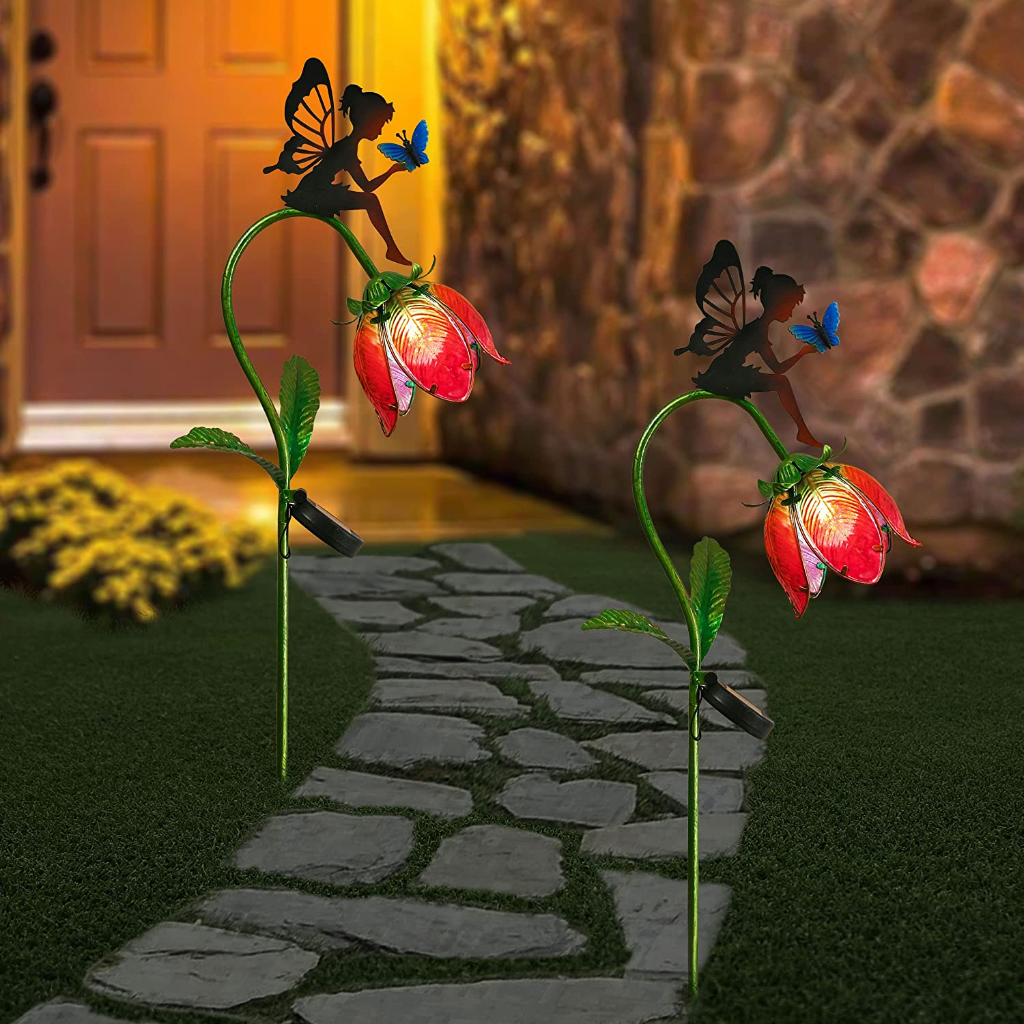 Fairy Sitting on Flower Solar Stake Light