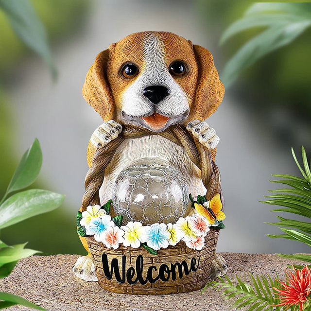 Puppy with Flower Basket Statue?Solar Light