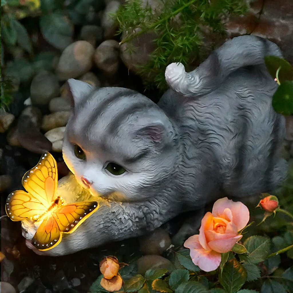 Cat Holding Butterfly  Solar Light