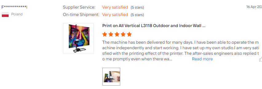 Poland buyer long review L3118 wall printer own studio after sales support