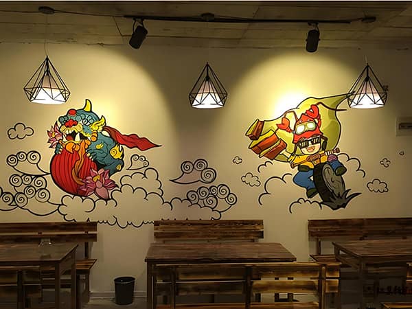 TXC UV wall printer custom Chinese style restaurant wall graffiti for food shop interior decoration