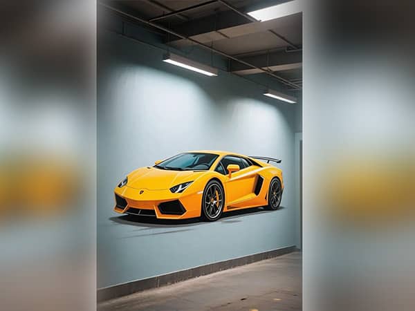 TXC UV wall printer print realistic supercar mural on garage interior wall, vertical mural printing machine for car club