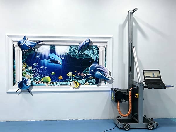 3D dolphin underwater mural printed by TXC-WP2500 vertical UV wall printer on indoor white wall