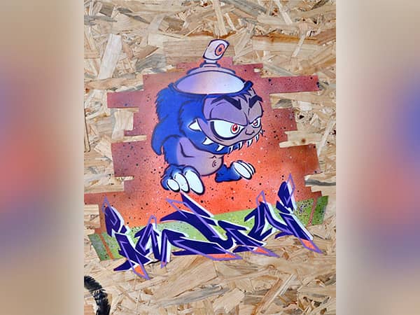 Cartoon spray can monster graffiti artwork printed by TXC-WP2500 UV wall printer on OSB board
