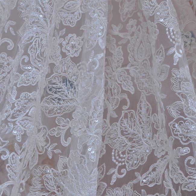 Corded Beaded Embroidered Lace Fabric 3ST3002