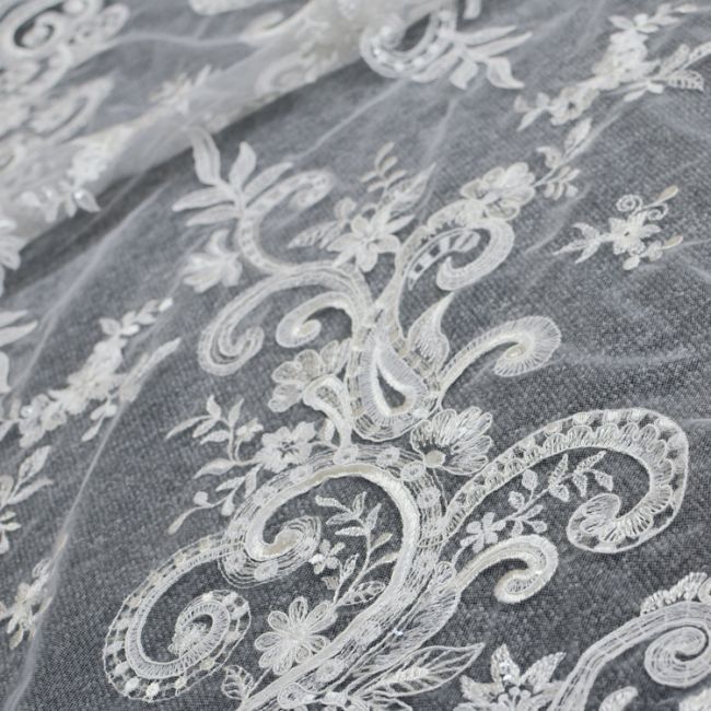 Corded Beaded Embroidered Lace Fabric 3ST3019