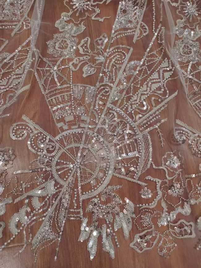 Sequined Beaded Embroidered Lace Fabric RX055