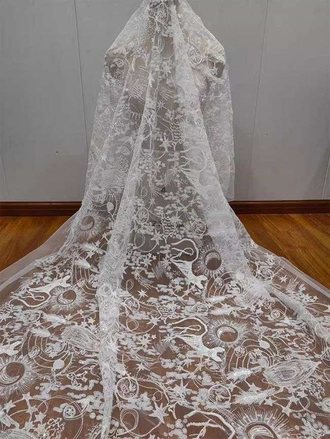 Sequined Beaded Embroidered Lace Fabric RX052