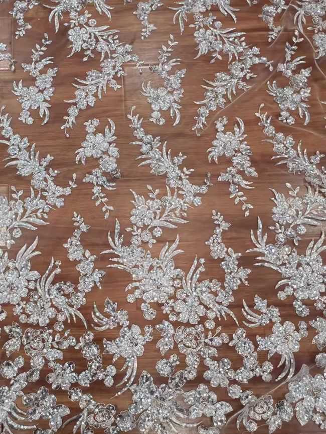 Sequined Beaded Embroidered Lace Fabric RX049