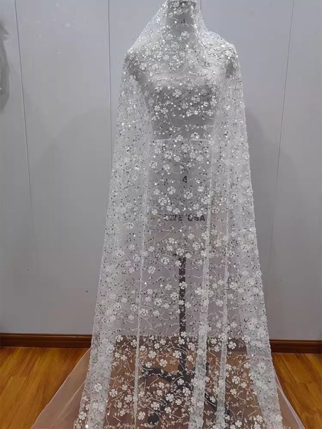Sequined Beaded Embroidered Lace Fabric RX022