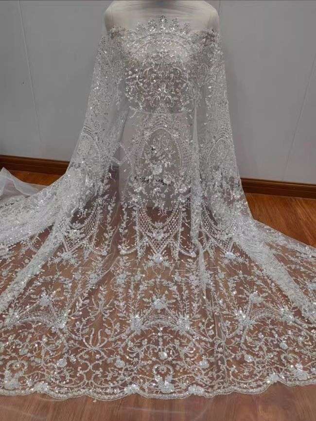 Sequined Beaded Embroidered Lace Fabric RX058