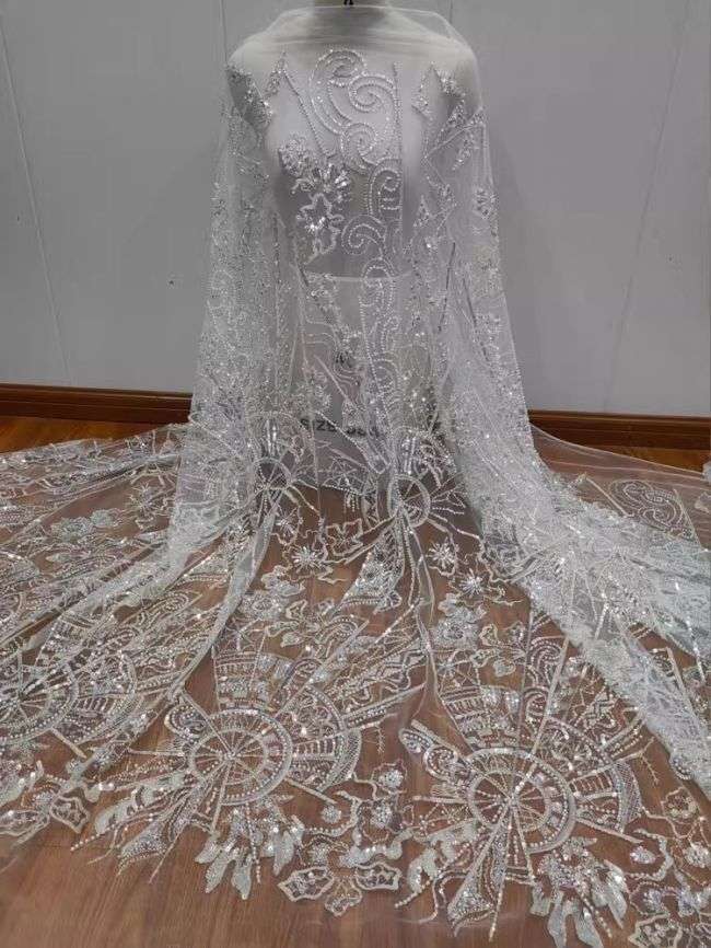 Sequined Beaded Embroidered Lace Fabric RX055