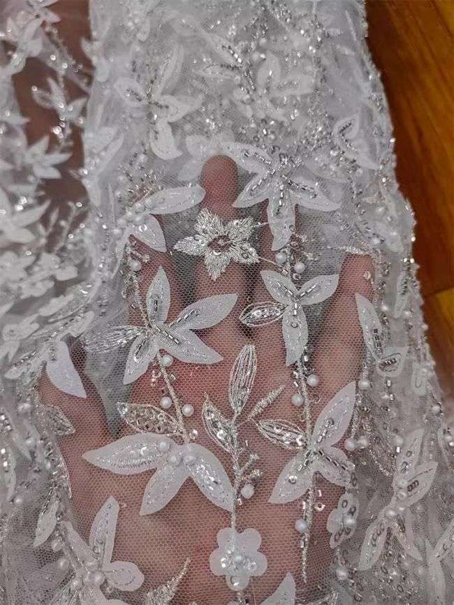 Sequined Beaded Embroidered Lace Fabric RX044