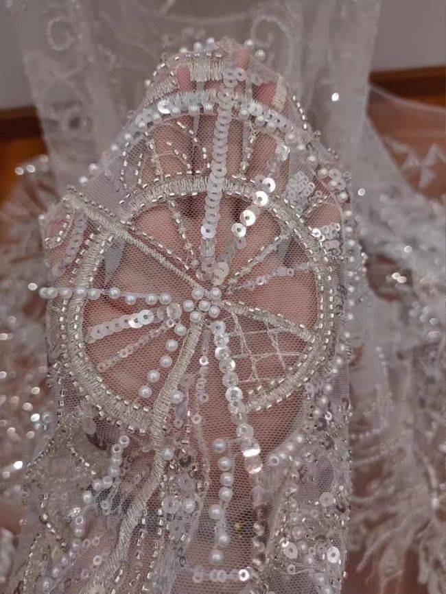 Sequined Beaded Embroidered Lace Fabric RX055