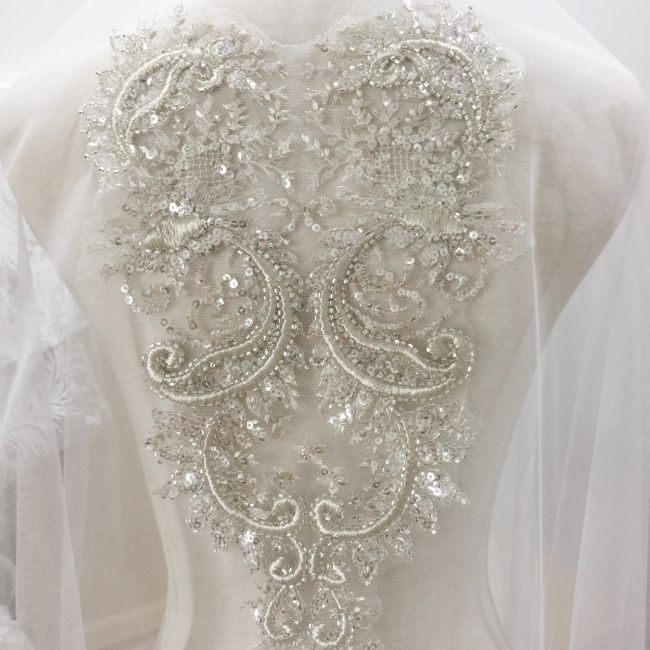 1 Piece Heavily Sequined Beaded Embroidered Silver Off White/Light Ivory Wedding Bridal Lace Applique SX036