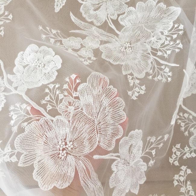 Sequined Beaded Embroidered 3D Flowers Chantilly Lace Fabric TLF058