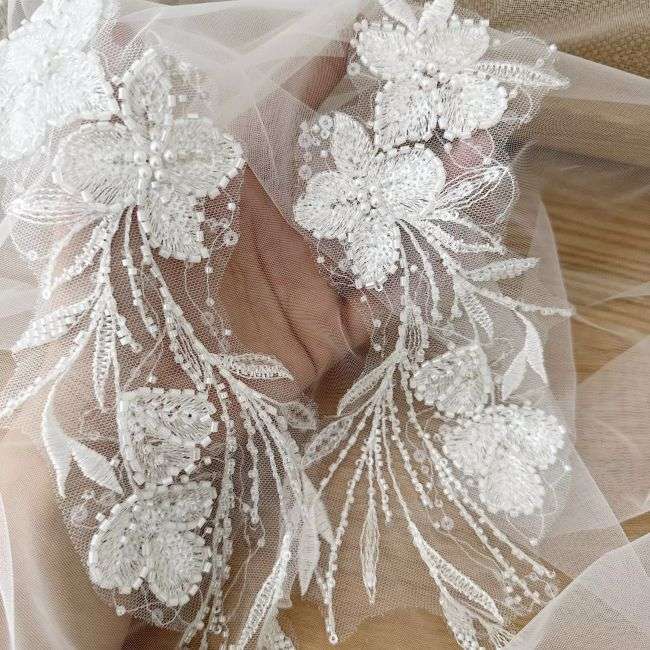 Sequined Beaded Embroidered 3D Flowers Lace Applique TLF074