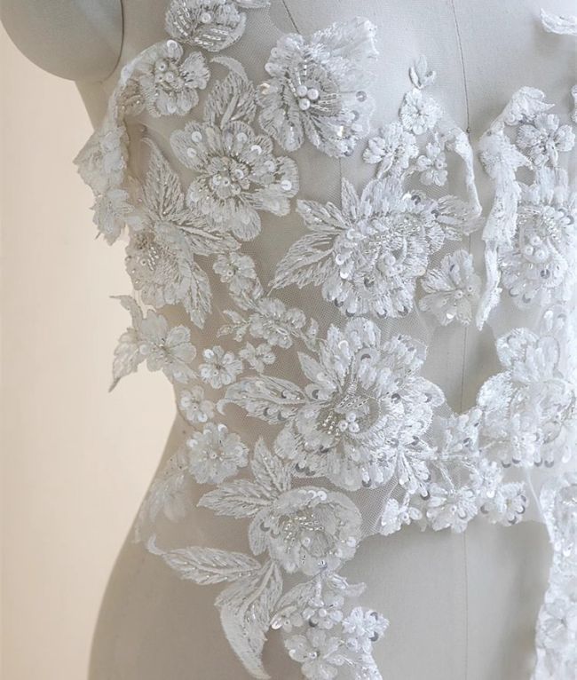 Sequined Beaded Embroidered 3D Flowers Lace Applique TLF078