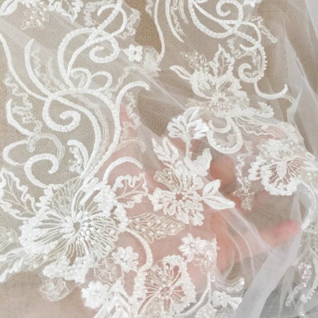 Sequined Beaded Embroidered 3D Flowers Lace Applique TLF064