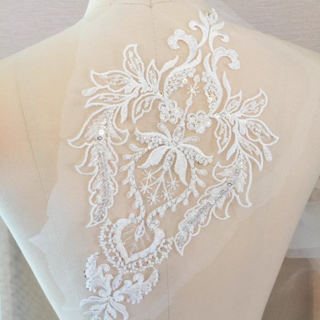 Sequined Beaded Embroidered 3D Flowers Lace Applique TLF047