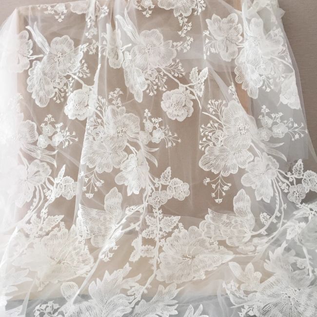 Sequined Beaded Embroidered 3D Flowers Chantilly Lace Fabric TLF058