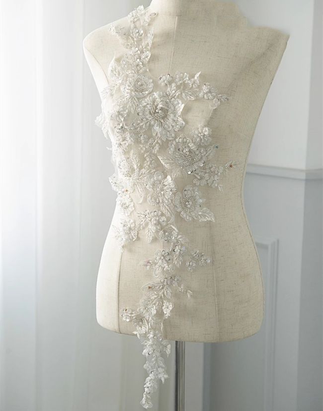 Sequined Beaded Embroidered 3D Flowers Lace Applique TLF078
