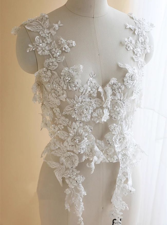 Sequined Beaded Embroidered 3D Flowers Lace Applique TLF078