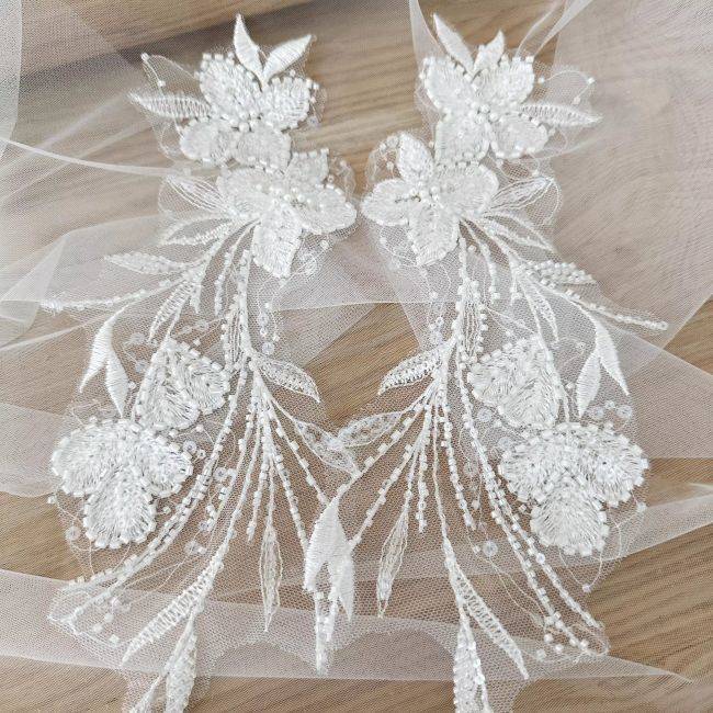Sequined Beaded Embroidered 3D Flowers Lace Applique TLF074