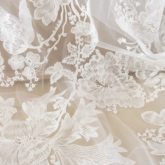 Sequined Beaded Embroidered 3D Flowers Chantilly Lace Fabric TLF058