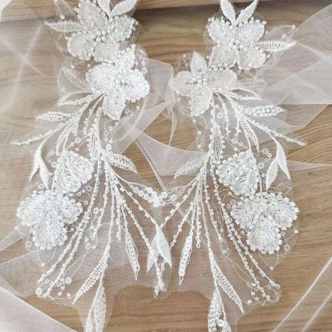 Sequined Beaded Embroidered 3D Flowers Lace Applique TLF074