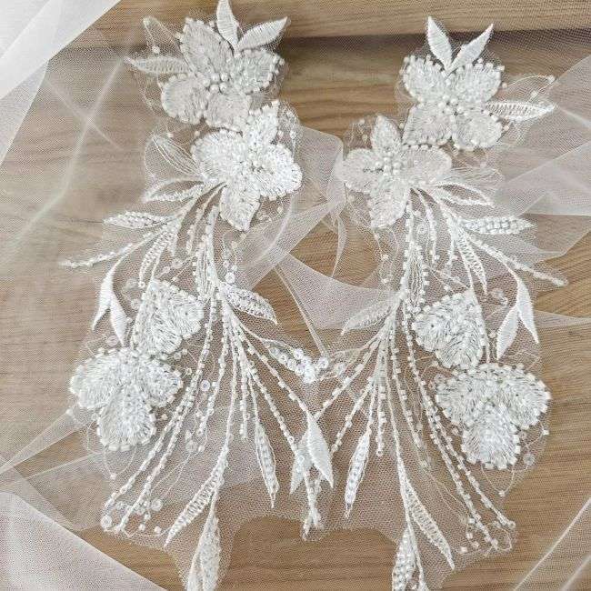 Sequined Beaded Embroidered 3D Flowers Lace Applique TLF074