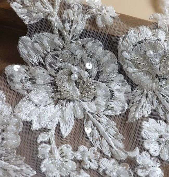 Sequined Beaded Embroidered 3D Flowers Lace Applique TLF078