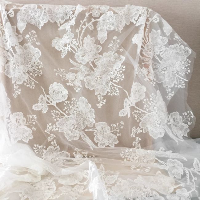 Sequined Beaded Embroidered 3D Flowers Chantilly Lace Fabric TLF058