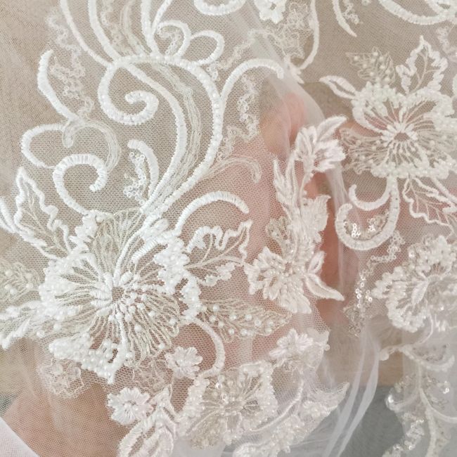 Sequined Beaded Embroidered 3D Flowers Lace Applique TLF064